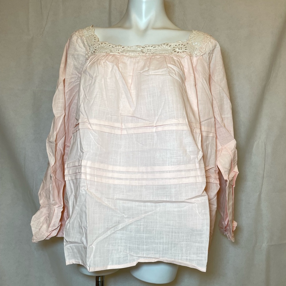 AlvaQ women Summer Lace Crochet Square Neck Top Ruffle Lantern Shirt 2XL Pink